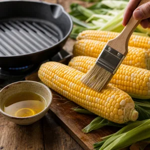 Fresh corn cobs being brushed with oil beside a cast-iron grill pan