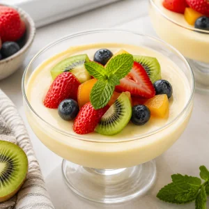 Gekuehlter Milchpudding mit frischem Obst und Minzblatt garniert