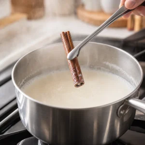 Zimtstange wird kurz vor dem Kochen aus dampfender Milch entfernt