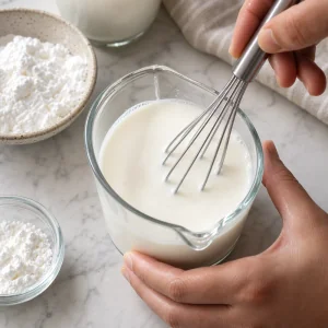 Kalte Milch und Speisestaerke werden im Glas glatt geruehrt
