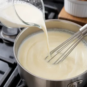 Staerke-Milch-Mischung wird unter Ruehren in den Topf gegossen