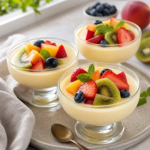 Creamy milk custard topped with fresh seasonal fruit and mint