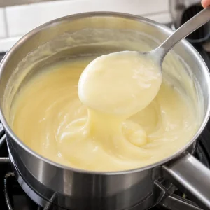 Pudding wird bei niedriger Hitze dick cremig und glatt geruehrt