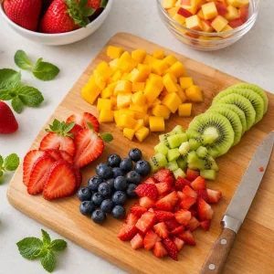 Frisches saisonales Obst gewaschen und gewuerfelt als Puddingbelag
