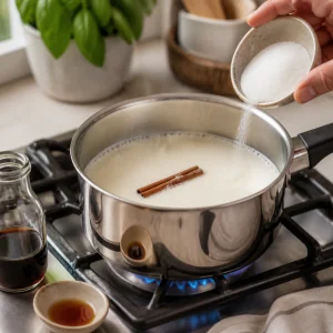Milch erhitzt im Topf mit Zucker Zimtstange und Vanille