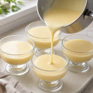 Warmer Pudding wird zum Abkuehlen in einzelne Dessertglaeser gegossen