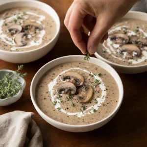 Cremige Pilzsuppe in Schalen serviert und mit Thymian und Sahne garniert