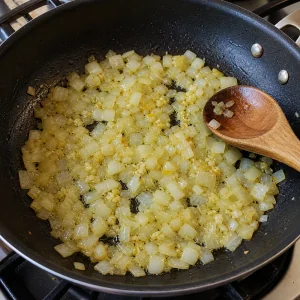Gewuerfelte Zwiebel wird in geschmolzener Butter in einem grossen Topf weich