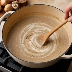 Sahne wirbelt in glatter Pilzsuppe mit Pfeffer und Muskatnuss