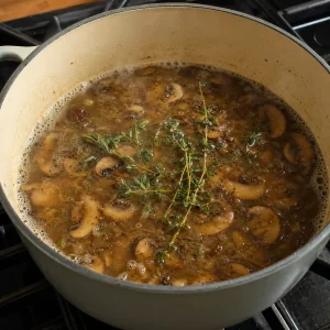 Pilzsuppe koechelt sanft mit Bruehe und frischen Thymianzweigen