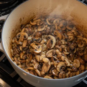 Geschnittene gemischte Pilze braeunen mit Zwiebel und Knoblauch im Topf