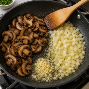 Browned mushrooms pushed aside while onion and garlic cook in butter.