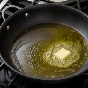 Butter melting in shimmering olive oil in a skillet.