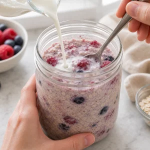 Avena fredda ai frutti di bosco mescolata con un goccio di latte