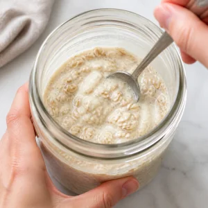 Miscela cremosa di avena e yogurt mescolata in un barattolo