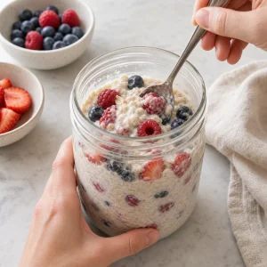 Frutti di bosco freschi incorporati delicatamente nell’avena cremosa