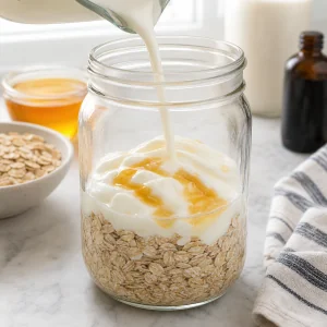 Avena, latte, yogurt, miele e vaniglia uniti in un barattolo