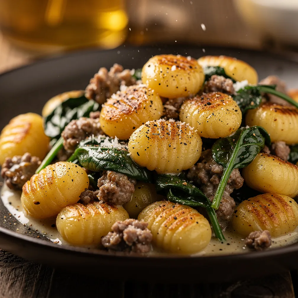 A skillet of golden pan-seared gnocchi with crumbled sausage, spinach, and a creamy white sauce.