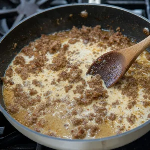 Chicken broth and cream simmering with browned sausage bits
