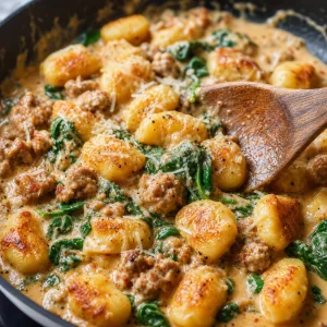 Crispy gnocchi tossed with Parmesan and creamy spicy sausage sauce