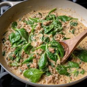 Fresh spinach wilting into creamy Italian sausage sauce