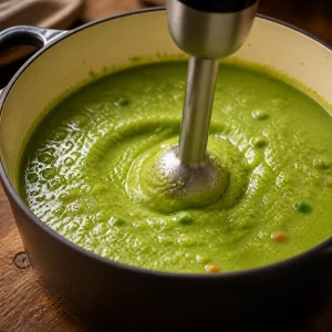 Bright green pea soup being pureed with an immersion blender