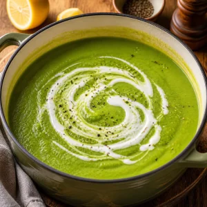 Cream swirling into smooth green pea soup