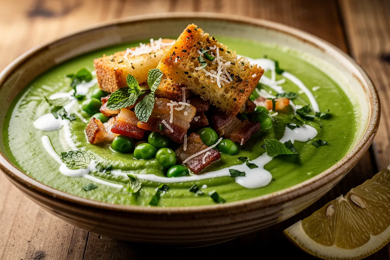 Creamy Pea and Bacon Soup with Herbed Parmesan Croutons