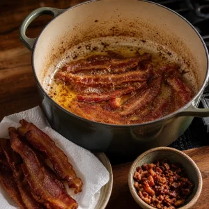 Crisp bacon draining beside a pot of rendered bacon fat