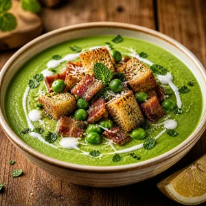 Finished pea soup topped with croutons, bacon, mint, and cream