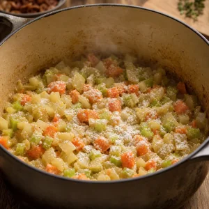 Flour-coated vegetables cooking in the soup pot