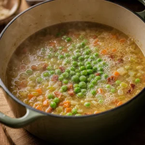 Green peas simmering with stock and vegetables