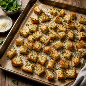 Herbed Parmesan croutons baking on a sheet pan