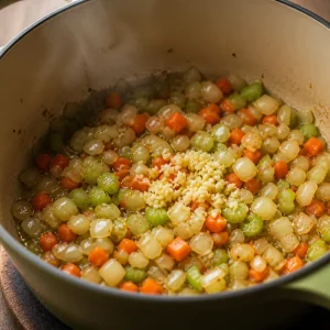 Onion, carrots, celery, and garlic sautéing in a soup pot
