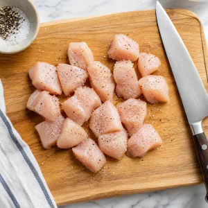 Pedacos de peito de frango temperados com sal e pimenta preta