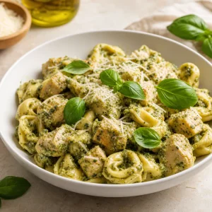 Tortellini cremoso ao pesto com frango servido com manjericao fresco e parmesao extra