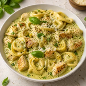 Tortellini cremoso ao pesto com frango manjericao e parmesao pronto