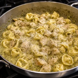 Parmesao derretendo no tortellini cremoso com pesto frango e limao