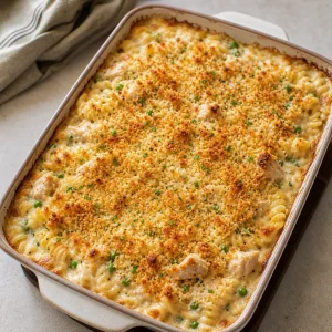 Baked pasta casserole with golden topping
