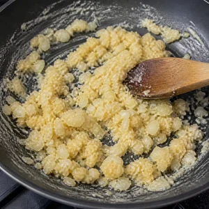 Garlic and flour stirred into softened onions