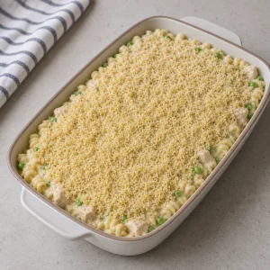 Unbaked pasta bake covered with breadcrumb topping