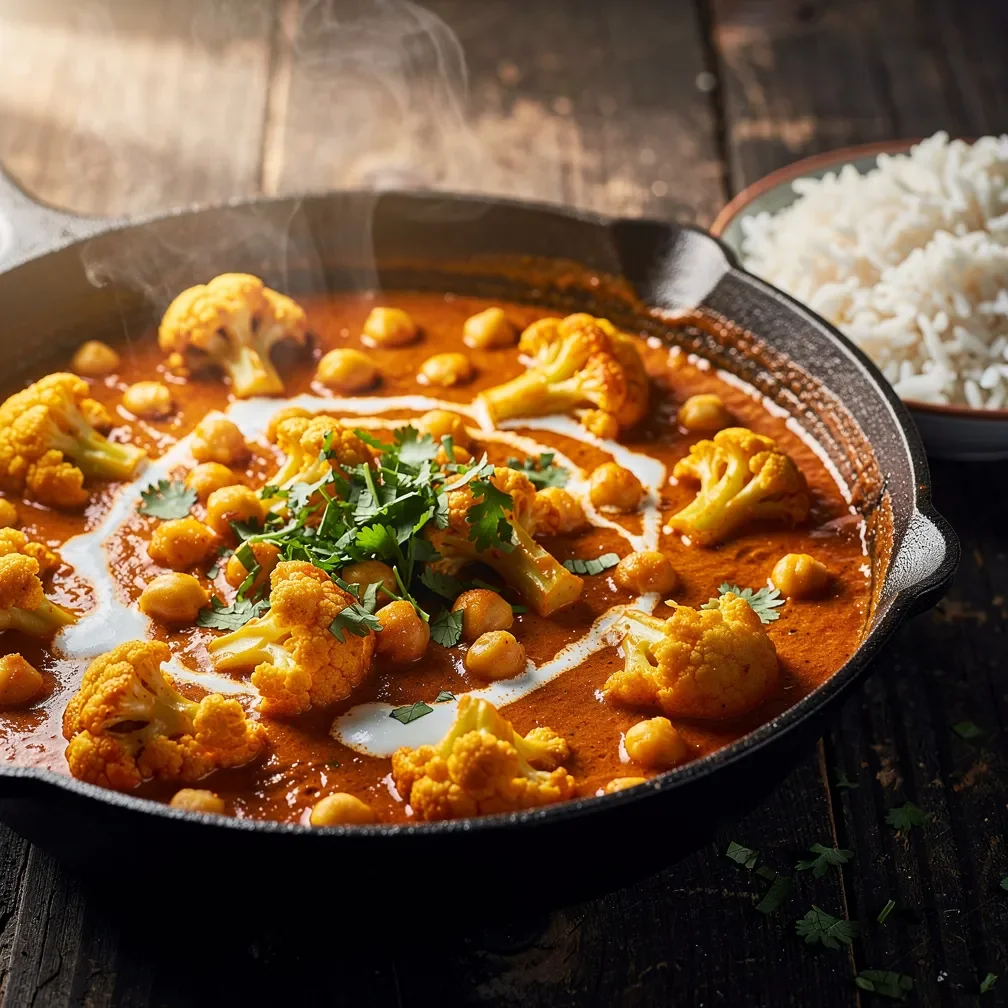 Un vibrante curry de coliflor y garbanzos con especias en una sartén de hierro fundido, decorado con cilantro