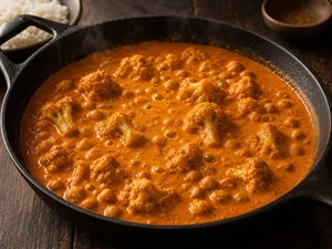 Coliflor y garbanzos hirviendo en salsa tikka
