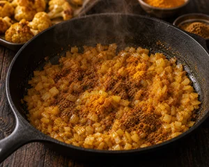 Especias molidas tostadas con cebolla en la sarten