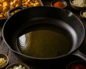Aceite de oliva calentandose en una sarten honda
