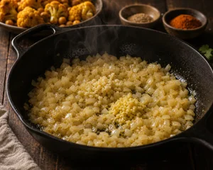 Cebolla, ajo y jengibre ablandandose en una sarten