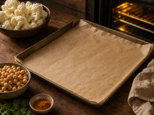 Bandeja con papel de horno junto a un horno caliente