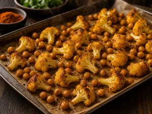 Coliflor y garbanzos asados con bordes dorados
