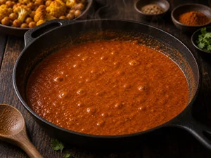 Salsa tikka de tomate hirviendo suavemente en la sarten