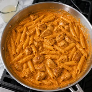 Chicken and pasta tossed in roasted red pepper cream sauce